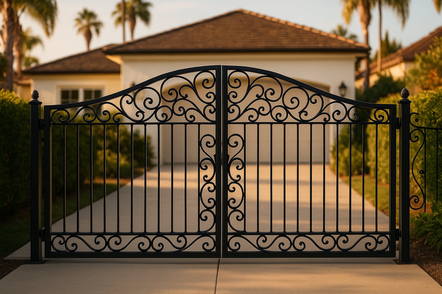 Ornamental wrought iron driveway gate at the entrance of a California home