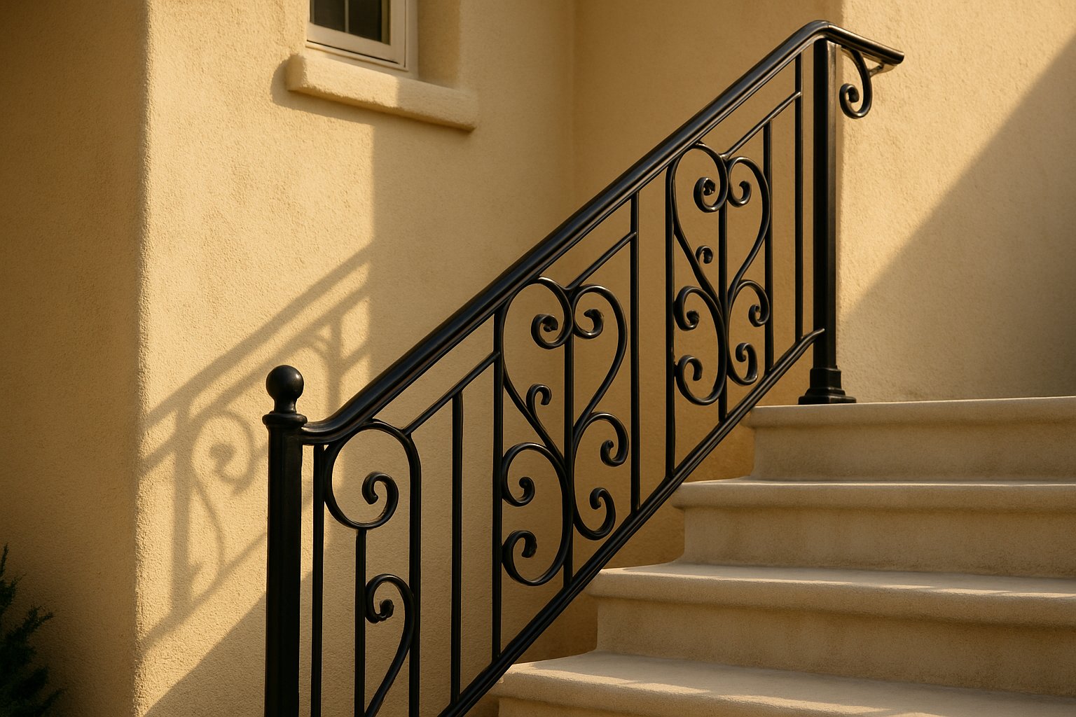 Black iron stair railing with scroll details on an exterior staircase