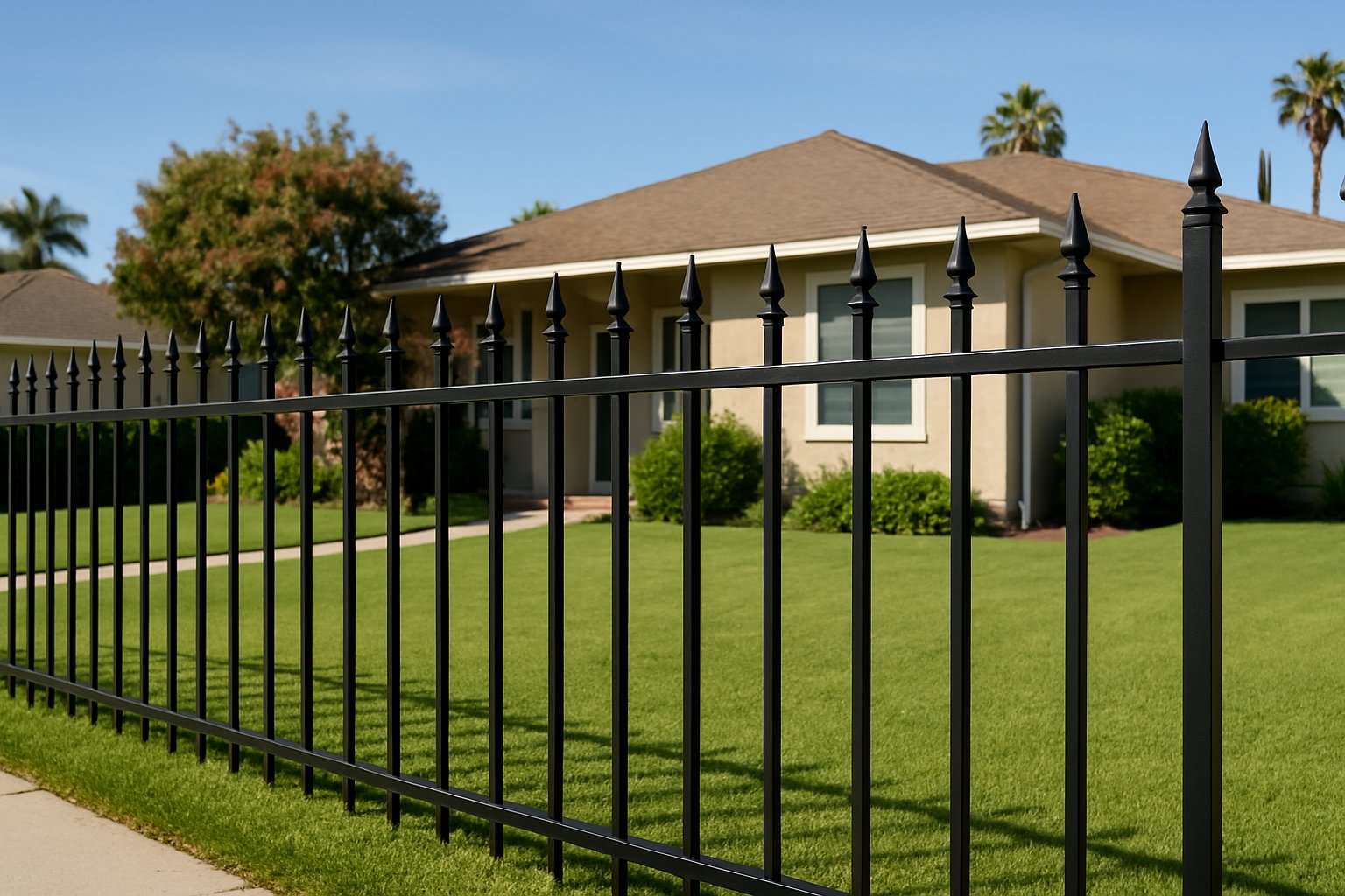 Wrought iron fence with spear-top pickets along a front lawn