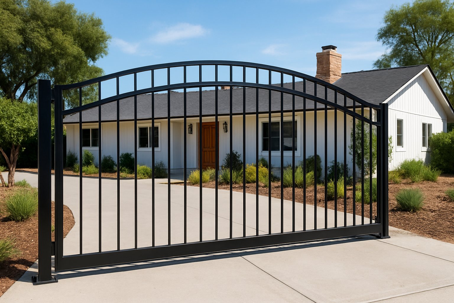 Freshly installed black iron sliding gate with an arched top