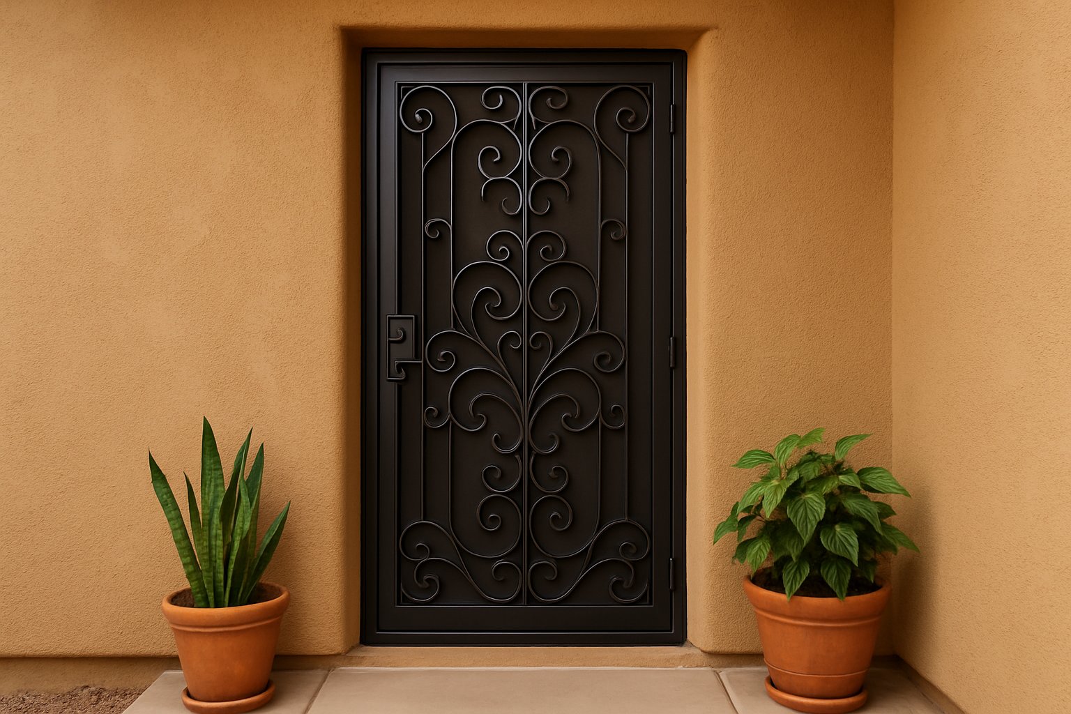 Decorative iron security door on a home entrance